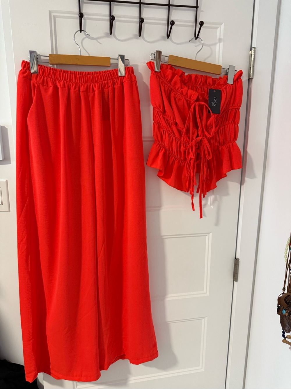 Bright Red Two-Piece Pant and Smocked Tie-Front Top